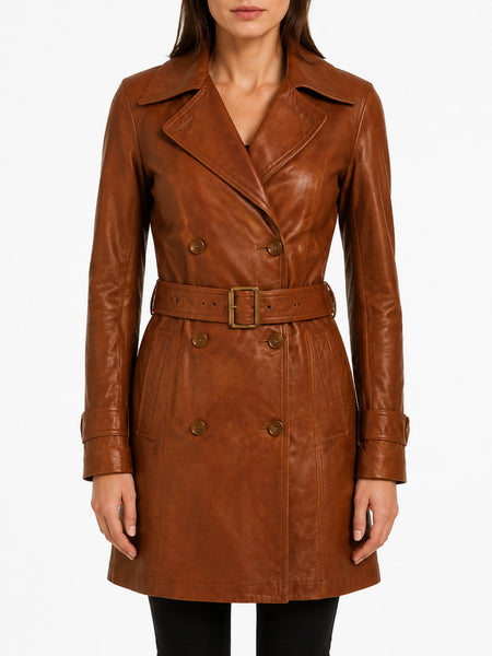 NOORA Womens Genuine Leather Pure Soft Lambskin Trench Coat Long Overcoat Jacket RT355 — standardized studio hero