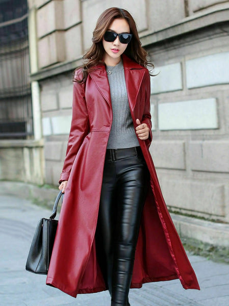 NOORA Womens Genuine Leather Pure Soft Lambskin Trench Coat Long Overcoat Sb152 — standardized studio hero
