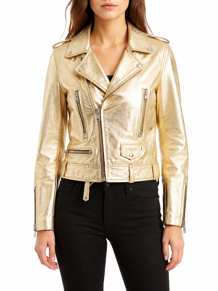 Noora Womens German Military Biker Motorcycle Lambskin Leather Gold Jacket QD827 — standardized studio hero