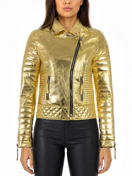 Noora Womens German Military Biker Motorcycle Lambskin Leather Gold Jacket QD829 — standardized studio hero