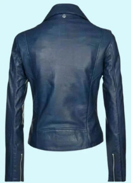 Noora Women's & Girls Real Lambskin NAVY BLUE Leather BIKER Jacket | Women Stylish Motorcycle Jacket - Noora International