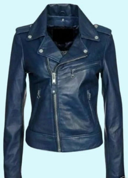 Noora Women's & Girls Real Lambskin NAVY BLUE Leather BIKER Jacket | Women Stylish Motorcycle Jacket - Noora International
