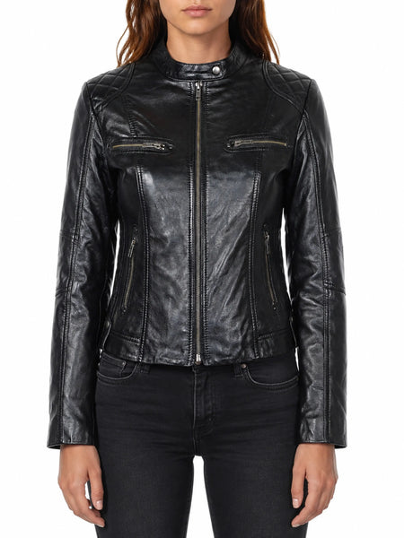 Noora Womens Ladies Real Lambskin Black Leather Racing Style Biker Jacket NEW L24 — standardized studio hero