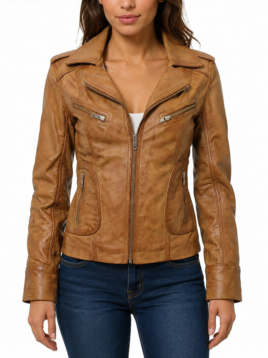 Womens Ladies Real Soft Tan Brown Leather Racing Style Biker Jacket