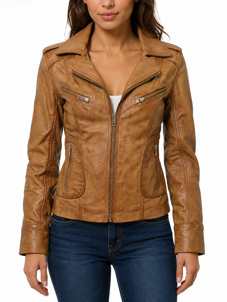 Noora Womens Ladies Real Soft Tan Brown Leather Racing Style Biker Jacket NEW L25 — standardized studio hero