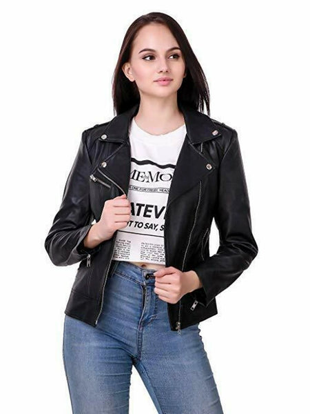 Noora Womens Ladies Real Soft Black Leather Racing Style Biker Jacket NEW L35 — standardized studio hero