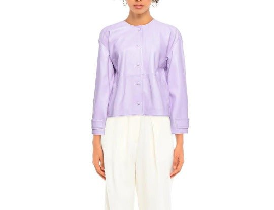 Noora Women's Lambskin Lavender Leather Dress, Handmade Casual Collarless Short Dress, Western Outfit Leather Dress - Noora International