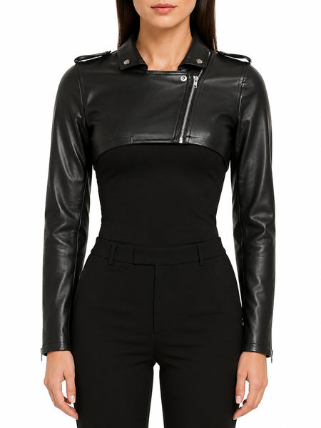 Noora Womens Lambskin Leather Cropped Moto Slim Fit Bolero Biker Jacket SJ177 — standardized studio hero