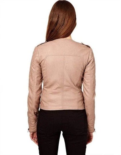 Noora Women's Lambskin Leather Flesh Pink Slim Fit Motorcycle Jacket | Quilted Biker Jacket With Sleeves & Pocket - RTS62 - Noora International