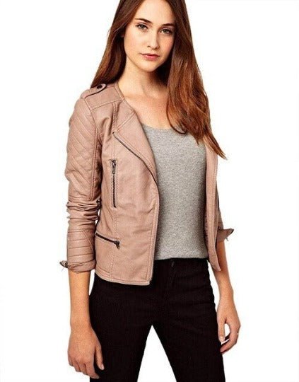 Noora Women's Lambskin Leather Flesh Pink Slim Fit Motorcycle Jacket | Quilted Biker Jacket With Sleeves & Pocket - RTS62 - Noora International