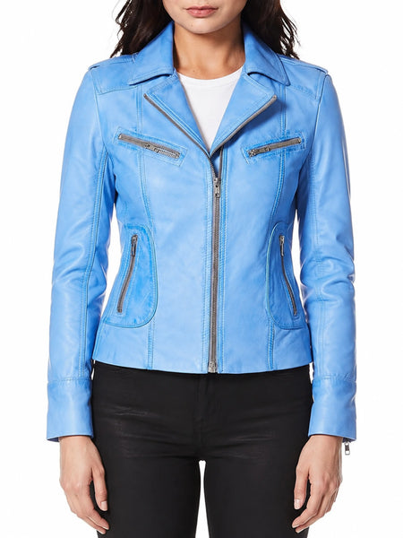 Noora Women's Lambskin Leather Light Blue Leather Jacket Stylish Biker Motorcycle Jacket | Zipper Jacket With Pocket - standardized hero