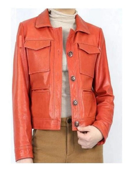 NOORA Women's Lambskin Orange Leather Jacket , Biker Motorcycle Jacket , Shirt Style Jacket for Ladies & Girls SK02 — standardized studio hero