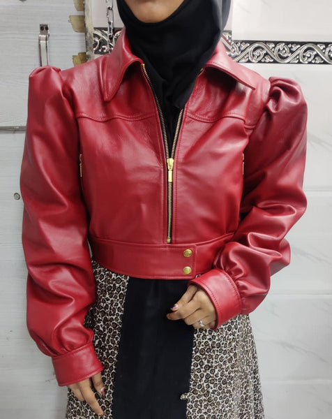 Noora Women's Lambskin Red Leather Crop Jacket, Stylish Red Shrug Biker Leather Jacket, Gift for Her - Noora International