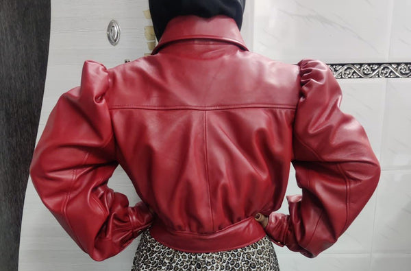 Noora Women's Lambskin Red Leather Crop Jacket, Stylish Red Shrug Biker Leather Jacket, Gift for Her - Noora International