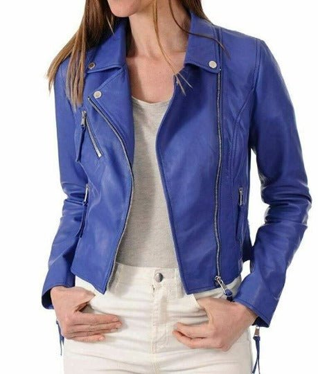 Noora Women's Lambskin Stylish BLUE Motorcycle BIKER Leather Jacket| Designer Slim Fit Party Wear Jacket| - Noora International