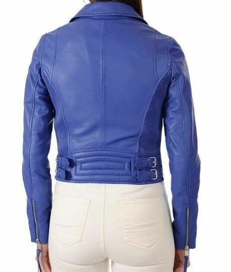 Noora Women's Lambskin Stylish BLUE Motorcycle BIKER Leather Jacket| Designer Slim Fit Party Wear Jacket| - Noora International