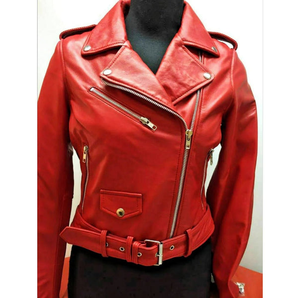 Noora Womens Leather Jacket Motorcycle Biker New Real Lambskin Jacket Red Coat - Noora International