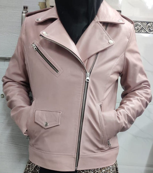 Noora Women's Light Pink Lambskin Leather Jacket, Motorcycle Jacket, Stylish Winter Leather Jacket, Gift for Her SN020 - Noora International