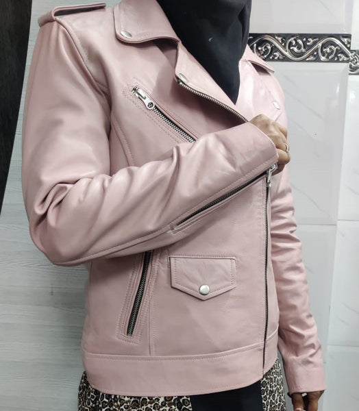 Noora Women's Light Pink Lambskin Leather Jacket, Motorcycle Jacket, Stylish Winter Leather Jacket, Gift for Her SN020 - Noora International