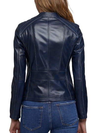 Noora Women's Navy Blue Leather Jacket, Custom Made Oversize Jacket, Casual Slim Fit Ladies Leather Jacket - Noora International