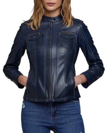 Noora Women's Navy Blue Leather Jacket, Custom Made Oversize Jacket, Casual Slim Fit Ladies Leather Jacket - Noora International