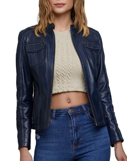 Noora Women's Navy Blue Leather Jacket, Custom Made Oversize Jacket, Casual Slim Fit Ladies Leather Jacket - Noora International
