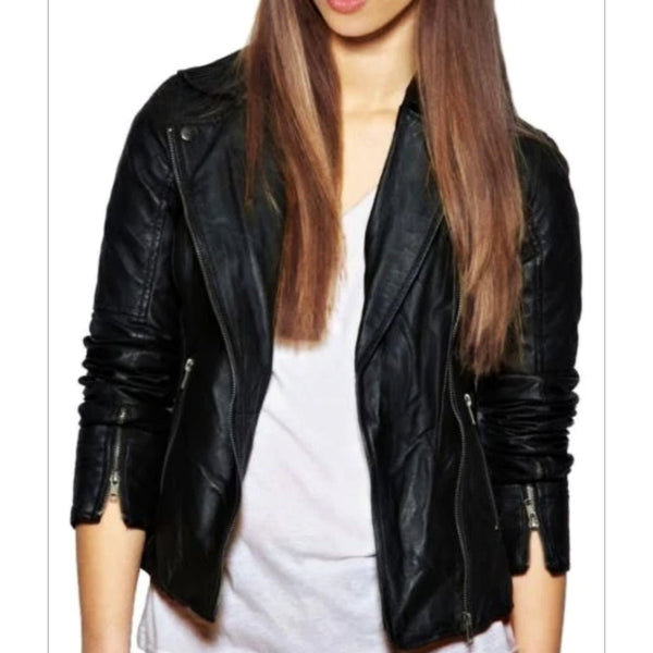Noora Women's Notched collared black Motorcycle leather jacket ST0236 - Noora International