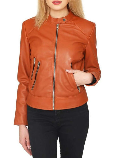 NOORA Women's Orange Lambskin Leather Jacket| Motorcycle Jacket |Stylish Party Wear Jacket| Birthday Gift For Her| — standardized studio hero