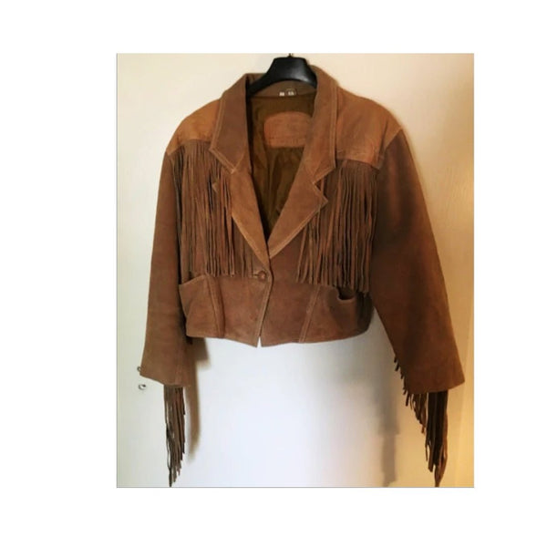 Noora Womens Party Wear Vintage Brown Fringed Cropped Western Lambskin Leather Jacket UN01 - Noora International