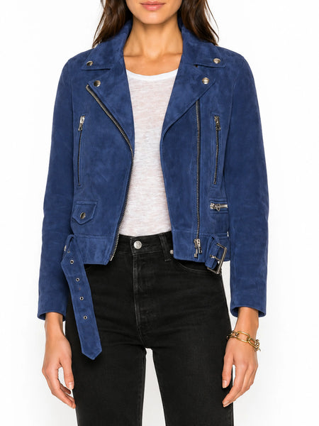Noora Women's Real Blue Suede Biker Soft Lambskin Leather Jacket for Halloween RS240 — standardized studio hero