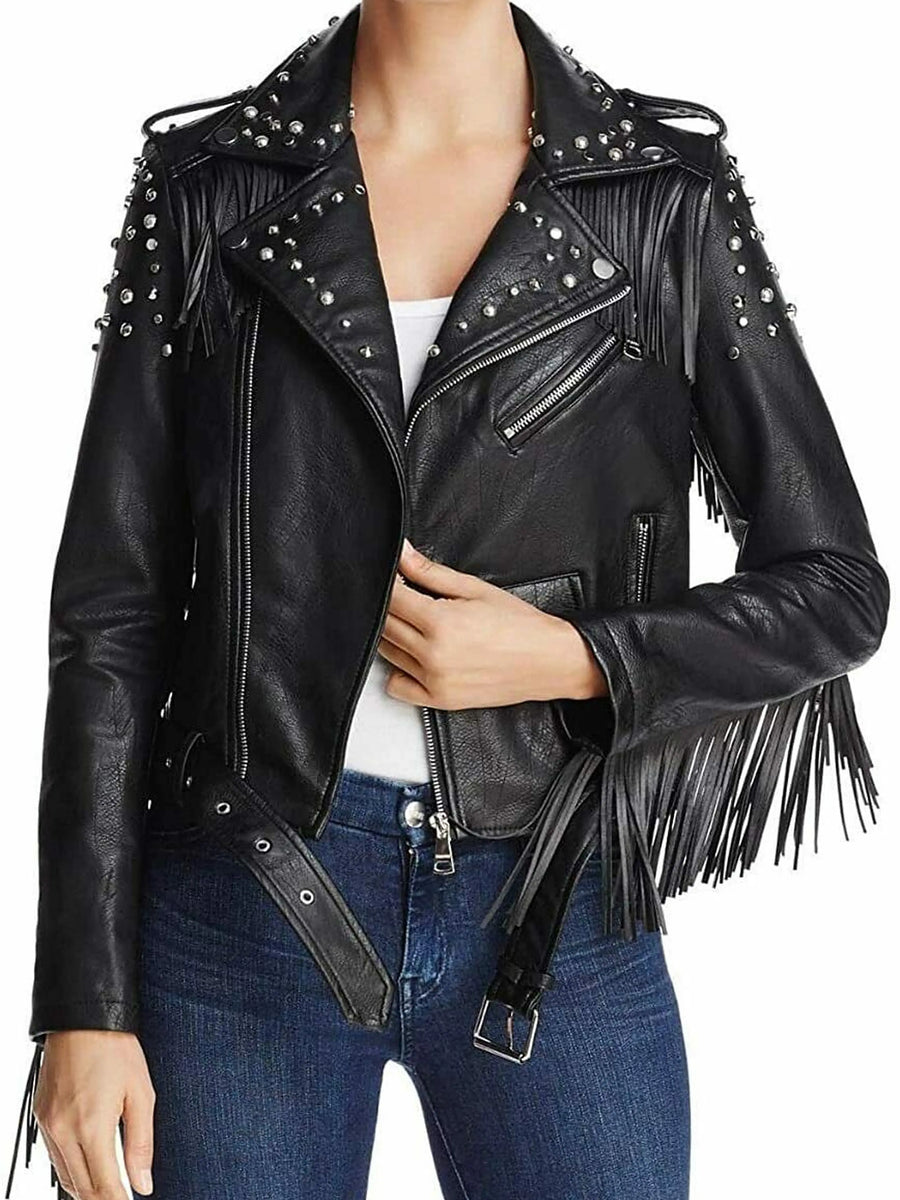 Women's Real Lambskin Leather Black Fringe Jacket With Zipper & Snap