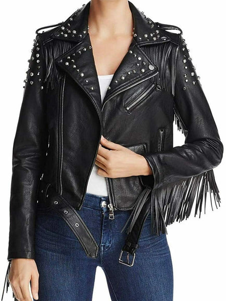 NOORA Women's Real Lambskin Leather Black Fringe Jacket With Zipper & Snap ST0216 — standardized studio hero
