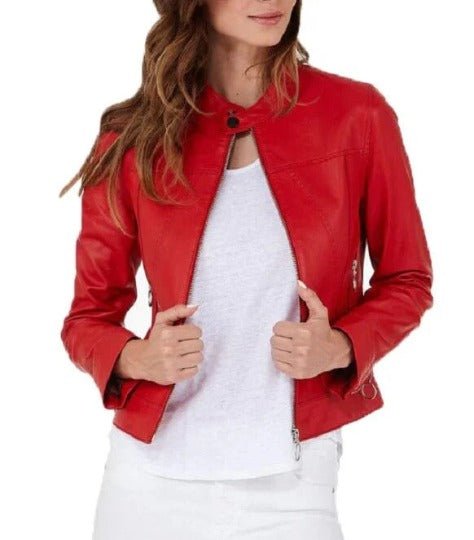 Noora Women's Real Lambskin Leather Jacket, Women Red Leather Biker Jacket, Winter Gift for Ladies - Noora International