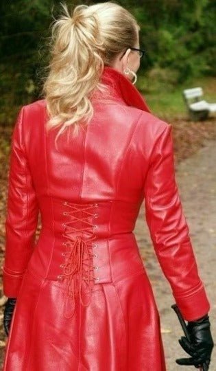 Noora Womens Red Leather Trench Coat, Flare Leather Long Coat Zipper, Designer Braided Style Celebrity Long Overcoat - Noora International
