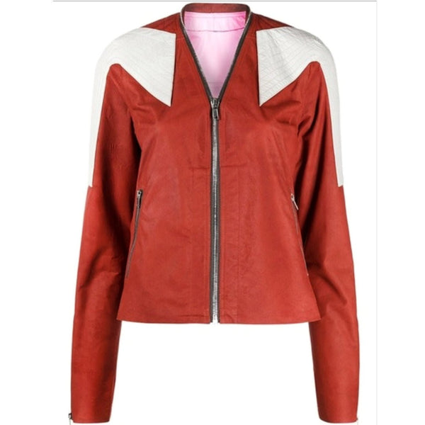 Noora Womens Red & White Combination Biker Leather Jacket Quilted Leather Jacket Color Block Leather Jacket JS01 - Noora International