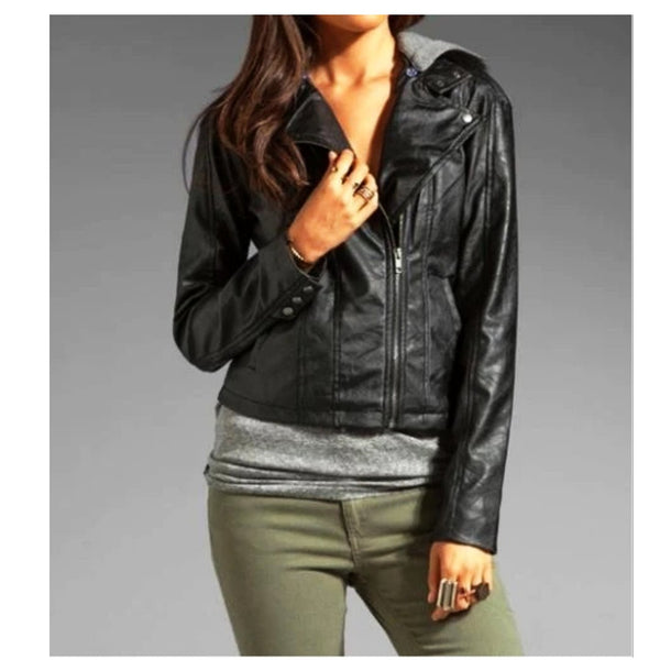 Noora Women's Space Grey leather jacket with Hoodie , Biker Leather Jacket ST0227 - Noora International