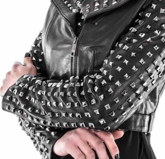 Noora Womens STUDDED Leather Moto Jacket, Slim Fit PUNK Style CROPPED Black Leather Jacket, Celebrity Leather Jacket - Noora International