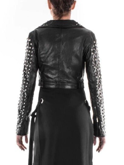 Noora Womens STUDDED Leather Moto Jacket, Slim Fit PUNK Style CROPPED Black Leather Jacket, Celebrity Leather Jacket - Noora International
