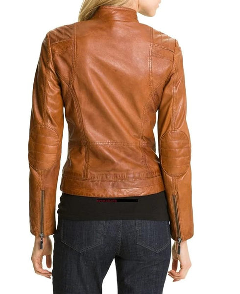 Noora Women's Tan Leather Biker Jackets / Women's Motorcycle Leather Jackets, Ladies Leather Biker Jackets - Noora International