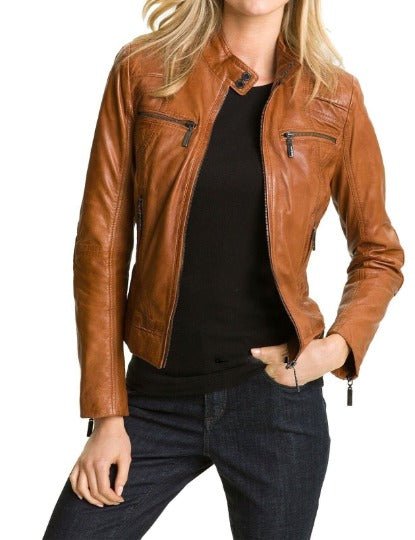 Noora Women's Tan Leather Biker Jackets / Women's Motorcycle Leather Jackets, Ladies Leather Biker Jackets - Noora International