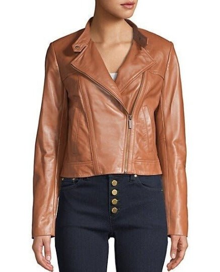 Noora Women's Tan Leather Jacket, Western Party Wear Jacket, Custom Made Oversize Jacket, Casual Slim Fit Winter Jacket - Noora International