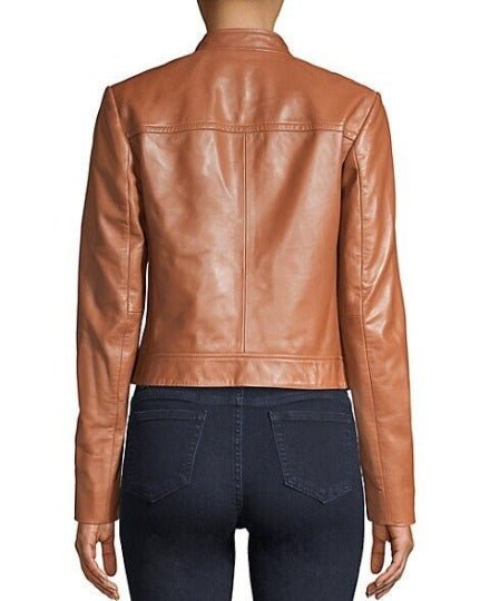 Noora Women's Tan Leather Jacket, Western Party Wear Jacket, Custom Made Oversize Jacket, Casual Slim Fit Winter Jacket - Noora International