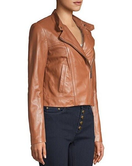 Noora Women's Tan Leather Jacket, Western Party Wear Jacket, Custom Made Oversize Jacket, Casual Slim Fit Winter Jacket - Noora International