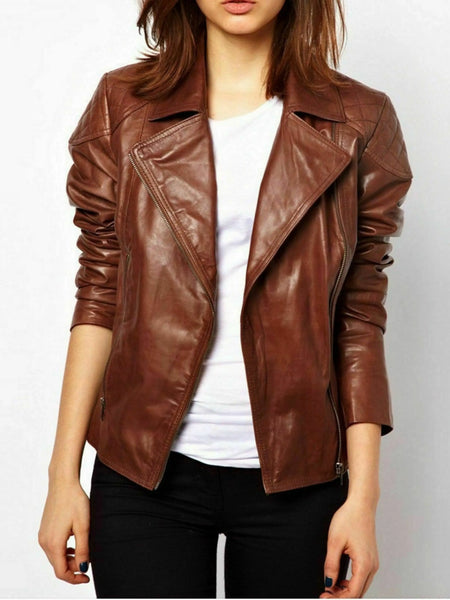 NOORA Women's Tan Superior Leather Biker Jacket Motorcycle Jacket Tan Brown SP9 — standardized studio hero