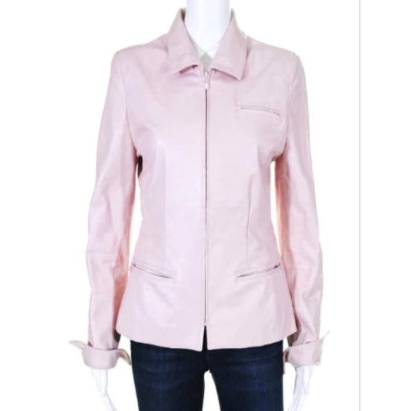 Noora Women's Vintage BABY Pink Casual Shirt Leather jacket With Multi Zips And Pockets UN015 - Noora International