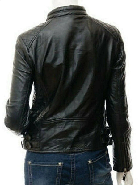 NOORA Women's Vintage Slim Fitted Soft Real Lambskin Leather Biker Jacket YK44 - Noora International