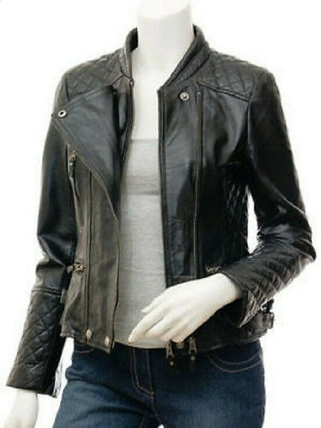 NOORA Women's Vintage Slim Fitted Soft Real Lambskin Leather Biker Jacket YK44 - Noora International