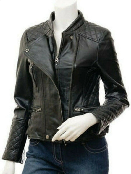 NOORA Women's Vintage Slim Fitted Soft Real Lambskin Leather Biker Jacket YK44 - Noora International