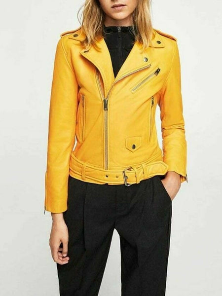 Noora Womens Yellow Leather Jacket Biker Motorcycle Genuine Racing Quality QD8 — standardized studio hero