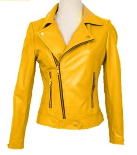 Noora Women's Yellow Leather Jacket, Western Party Wear Jacket, Ladies Slim Fit Motor Biker Leather Jacket - RTS48 - Noora International